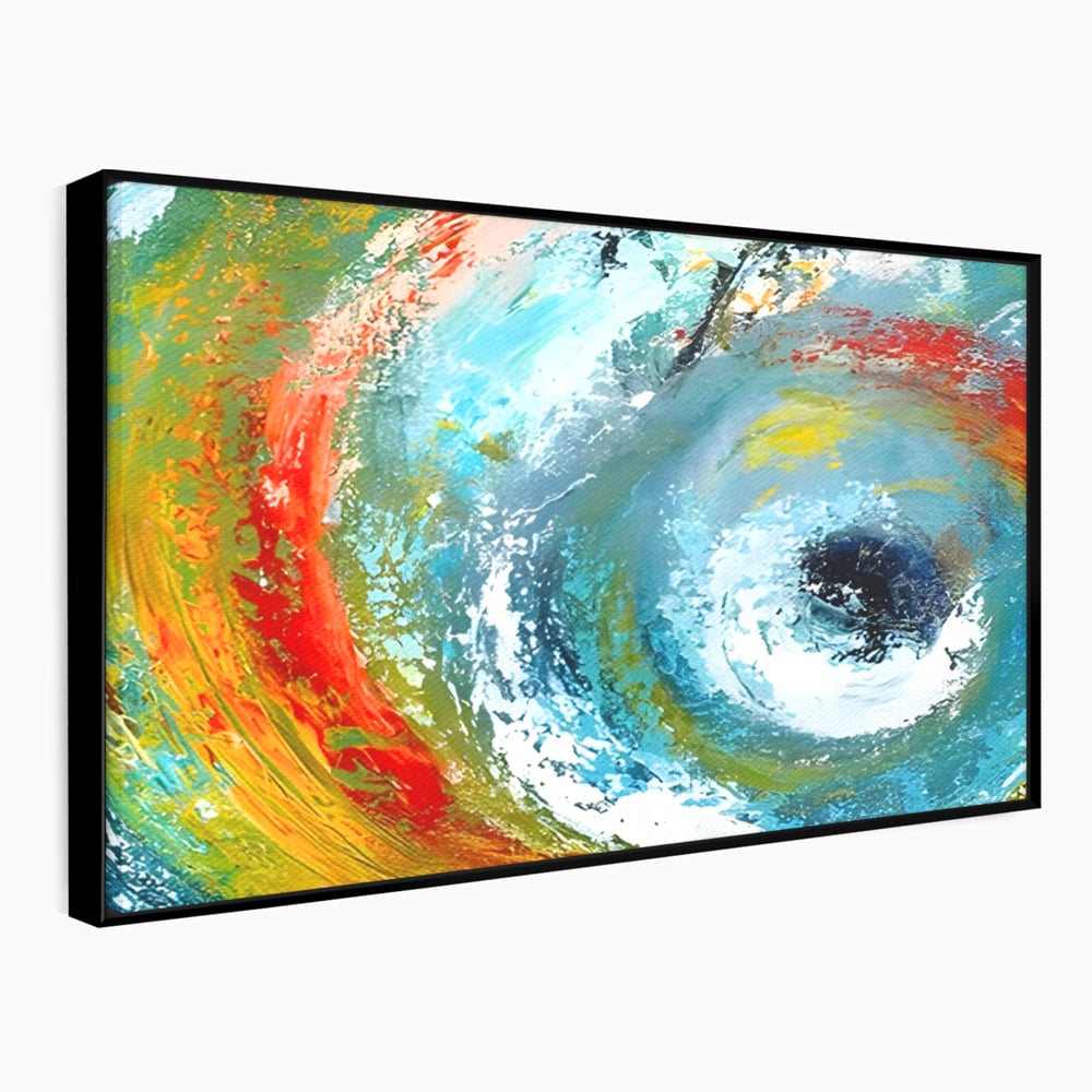 Tablou canvas cu pictura abstracta cu vartej de culori, in rama de aluminiu negru
